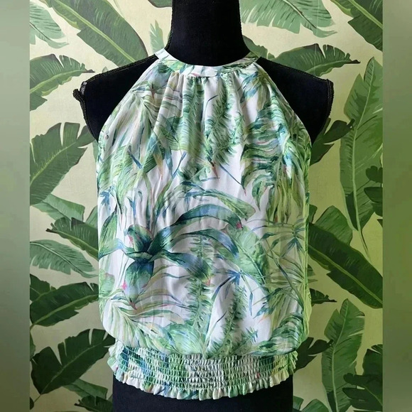 Joie Womens White Green Tropical Leaf Print Halter neck tank top Small - Picture 2 of 6